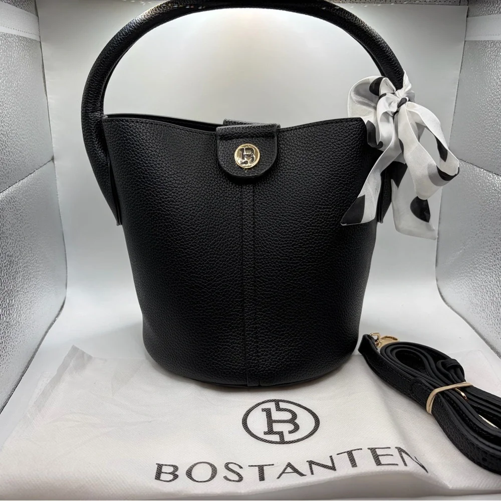 Bostanten Black Pebbled Leather Hobo Bucket Bag with Scarf Accent